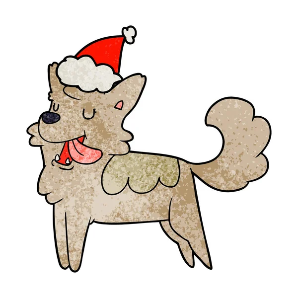 Hand Drawn Textured Cartoon Happy Dog Wearing Santa Hat — Stock Vector