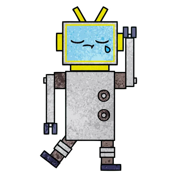 Retro grunge textura dibujos animados llorando robot — Vector de stock
