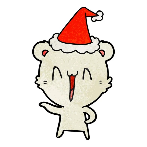 Смеющийся Белый Медведь Нарисовал Текстурированную Карикатуру Ношение Шляпы Санты — стоковый вектор