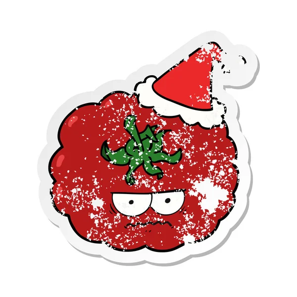 Hand Drawn Distressed Sticker Cartoon Angry Tomato Wearing Santa Hat — Stock Vector