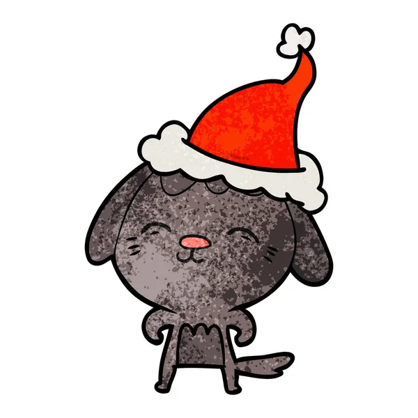 Happy Hand Drawed Textured Cartoon Dog Santa Hat — стоковый вектор