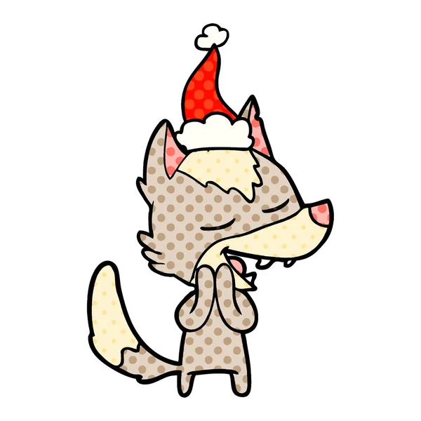 Handgezeichnete Illustration Eines Lachenden Wolfes Comic Stil Mit Weihnachtsmütze — Stockvektor