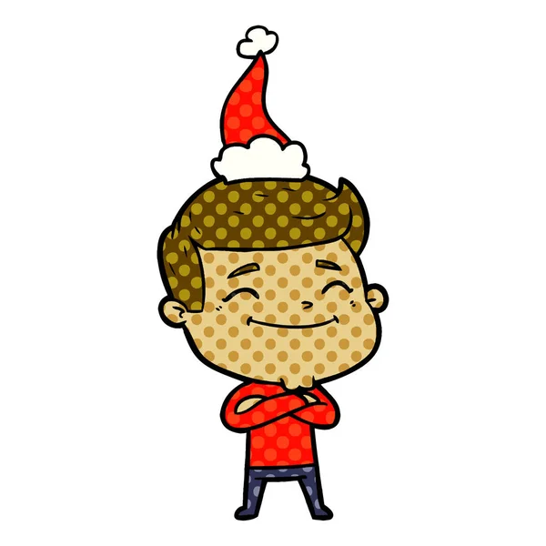幸せな手描きサンタの帽子をかぶっている男の漫画スタイルのイラスト — ストックベクタ