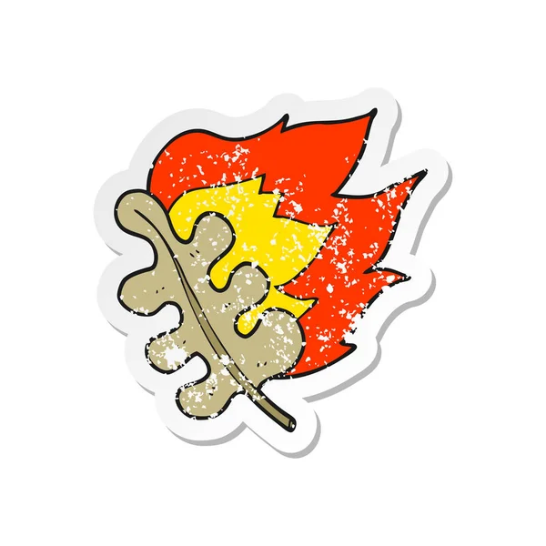 Autocollant en détresse rétro d'un dessin animé brûlant des feuilles sèches — Image vectorielle