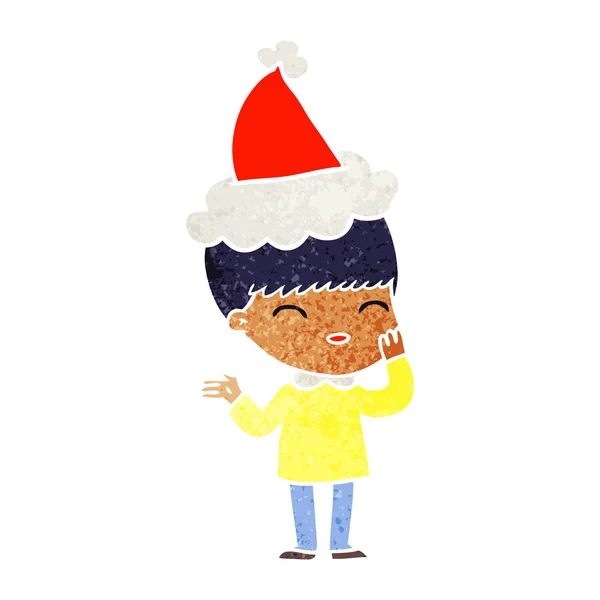 Glückliche Handgezeichnete Retro Karikatur Eines Jungen Mit Weihnachtsmütze — Stockvektor