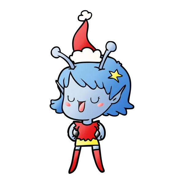 Feliz Chica Alienígena Dibujado Mano Gradiente Dibujos Animados Sombrero Santa — Vector de stock
