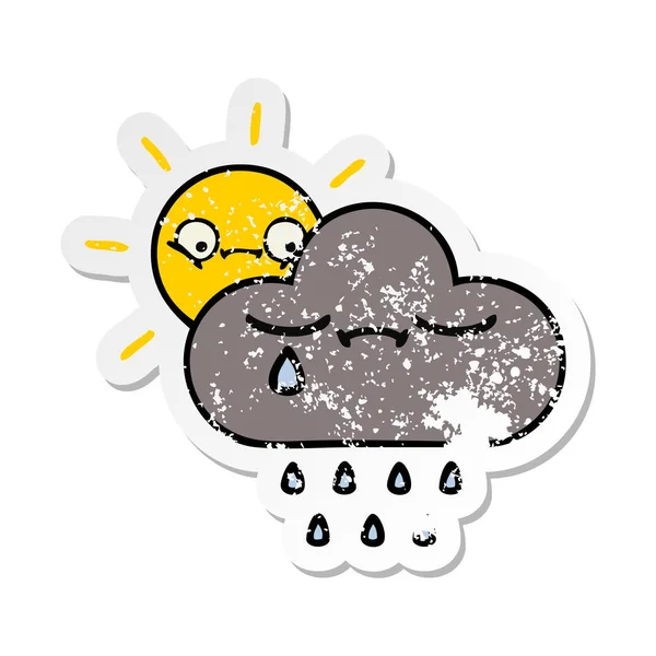 かわいい漫画嵐雲と太陽の苦しめられたステッカー — ストックベクタ