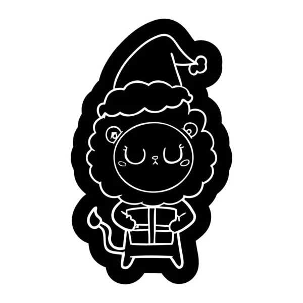 Ícone de desenho animado de um leão com presente de Natal vestindo chapéu de Papai Noel —  Vetores de Stock