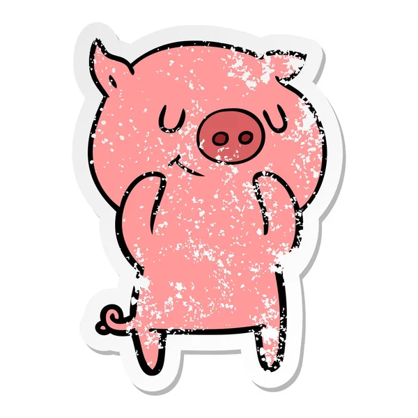 Distressed Sticker Happy Cartoon Pig — Stock Vector
