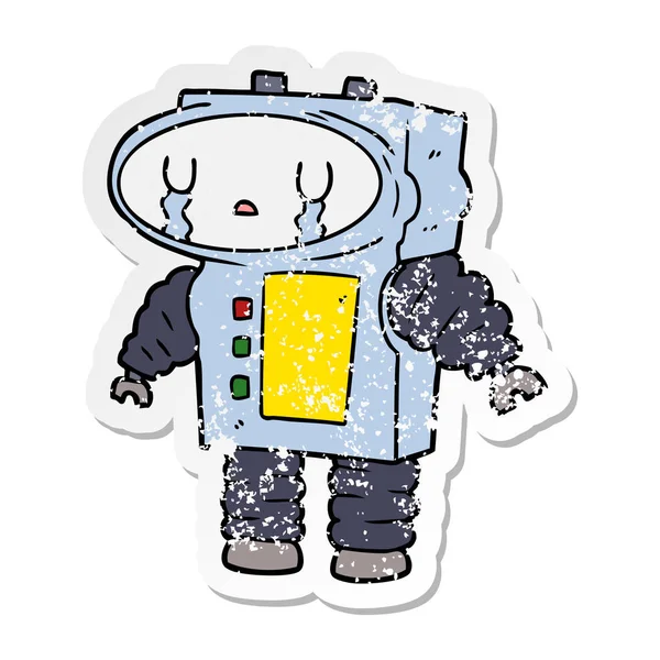 Distressed Sticker Cartoon Robot Crying — Stock Vector
