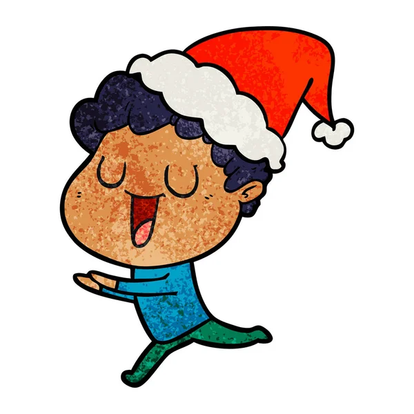 Caricatura Texturizada Dibujada Mano Riendo Hombre Corriendo Usando Sombrero Santa — Vector de stock