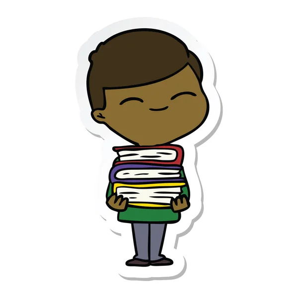 Klistermärke på en tecknad leende pojke med trave böcker — Stock vektor