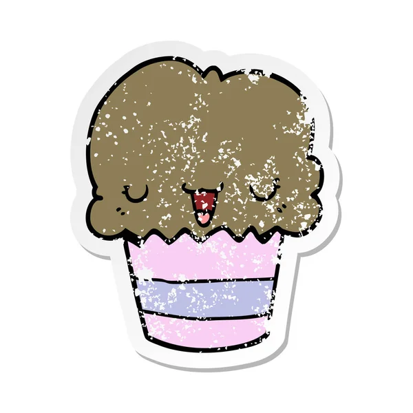 Distressed Sticker Cartoon Cupcake Face — Stock Vector