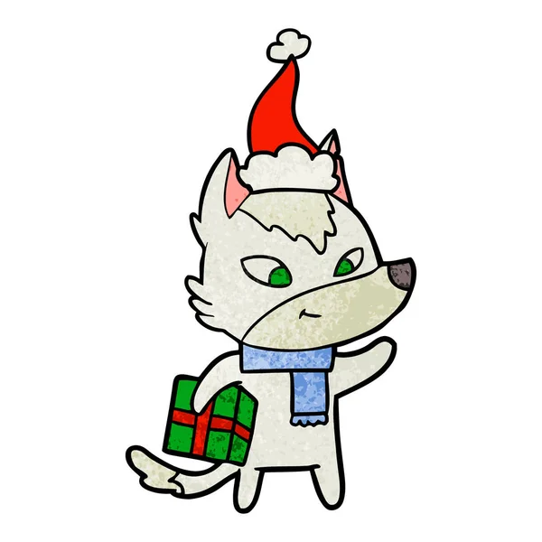 Freundlich strukturierte Karikatur eines Weihnachtswolfs mit Weihnachtsmütze — Stockvektor