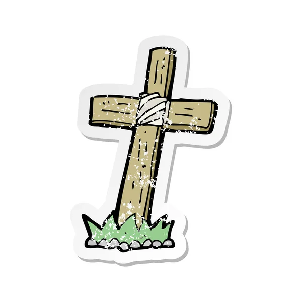 レトロな不良漫画の木製十字架墓のステッカー — ストックベクタ