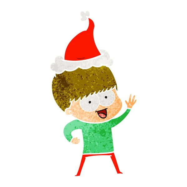 Dibujos Animados Retro Dibujado Mano Feliz Niño Con Sombrero Santa — Vector de stock