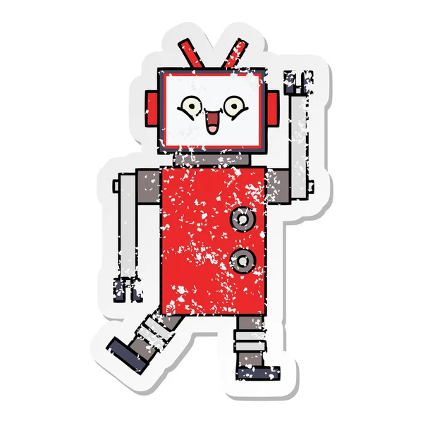 Distressed Sticker Cute Cartoon Happy Robot — Stock Vector