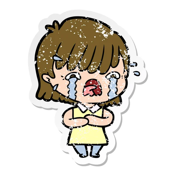 Calcomanía angustiada de una chica de dibujos animados llorando — Vector de stock