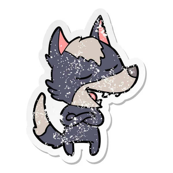 Distressed Sticker Cartoon Wolf Laughing — Stock Vector