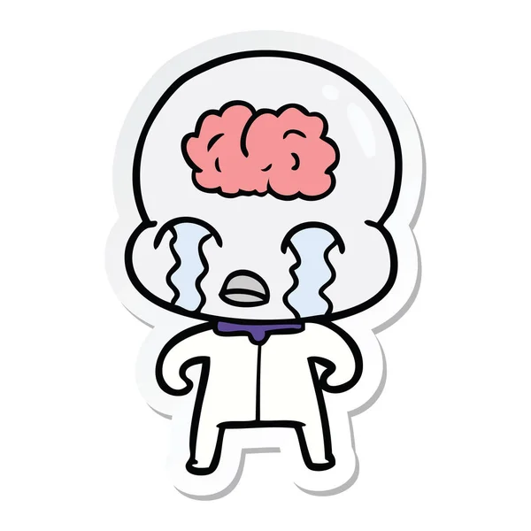 Sticker Cartoon Big Brain Alien Crying — Stock Vector