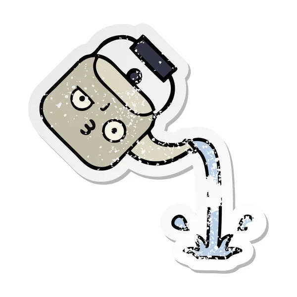Verontruste Sticker Van Een Leuke Cartoon Waterkoker Gieten — Stockvector