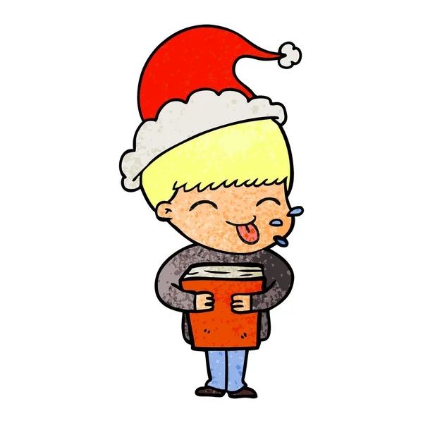 산타 모자를 쓰고 소년의 질감된 만화 — 스톡 벡터