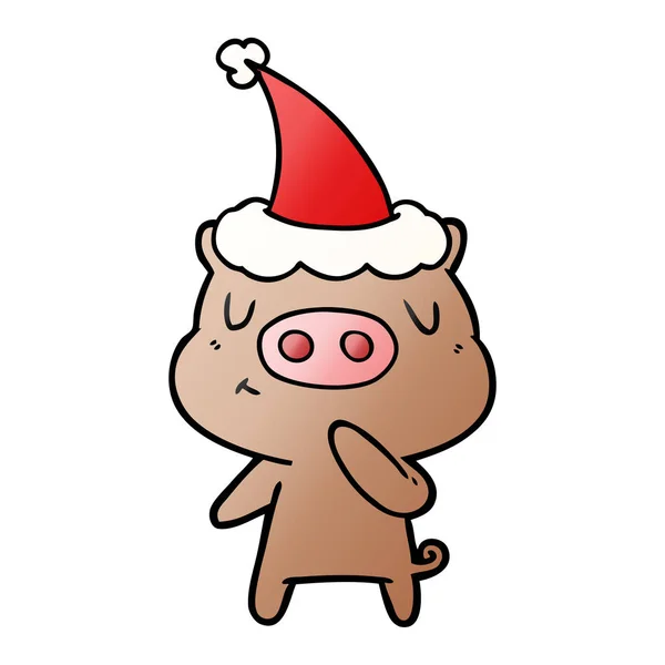 Handgezeichnete Gradienten Karikatur Eines Zufriedenen Schweins Mit Weihnachtsmütze — Stockvektor