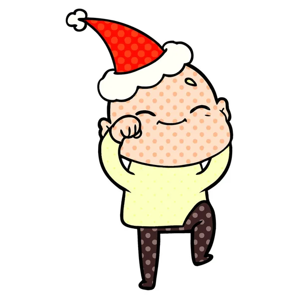 快乐的手绘漫画书风格的插图一个秃头男子戴着圣诞老人的帽子 — 图库矢量图片