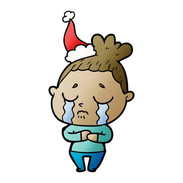 Dessin animé dégradé d'une femme en pleurs portant un chapeau de Père Noël — Image vectorielle