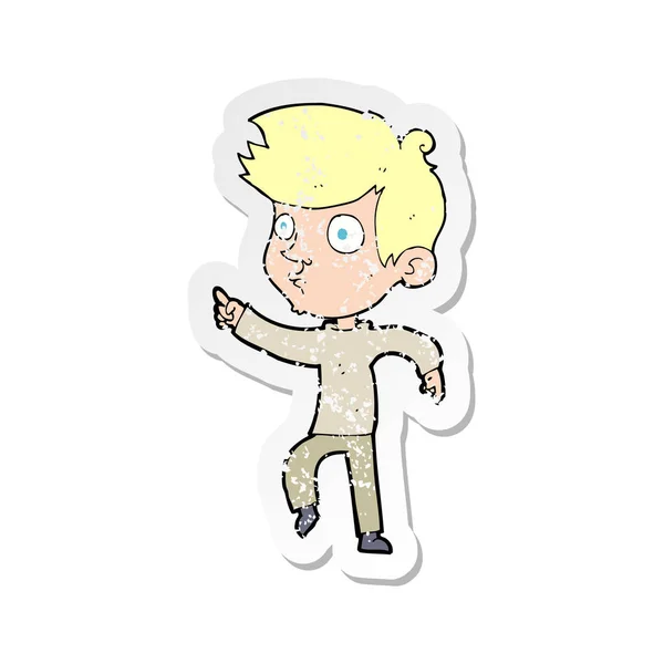 Retro distressed sticker of a cartoon pointing boy — Stock Vector