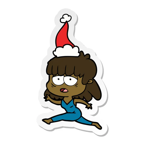 Autocollant dessin animé d'une femme fatiguée portant un chapeau de Père Noël — Image vectorielle