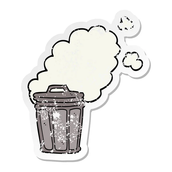 Distressed Sticker Cartoon Stinky Garbage Can — Stock Vector