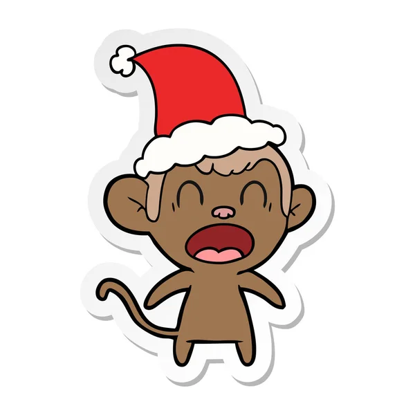 Shouting Hand Drawn Sticker Cartoon Monkey Wearing Santa Hat — Stock Vector