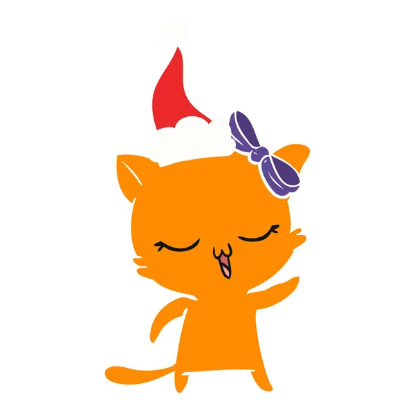 Hand Drawn Flat Color Illustration Cat Bow Head Wearing Santa — Stock Vector