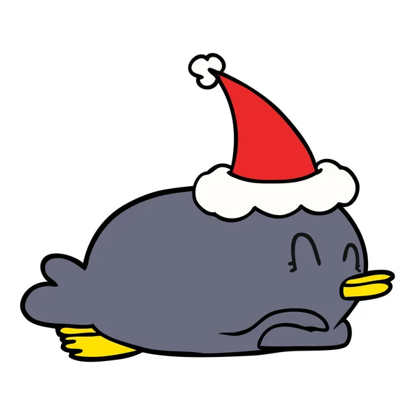 Pinguim deitado na barriga usando chapéu de Papai Noel — Vetor de Stock