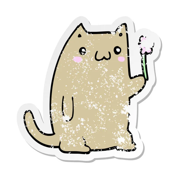 Nödställda klistermärke av en gullig tecknad katt med blomma — Stock vektor
