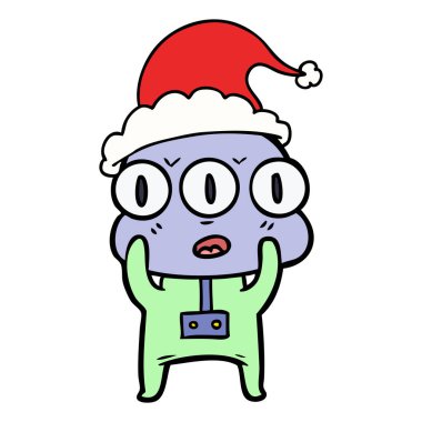 uzaylı giyen Noel Baba şapkası el çizilen çizgi çizme bir üç gözlü