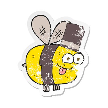 şapka giyen bir karikatür arı Retro sıkıntılı etiket