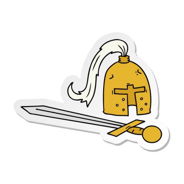 elle çizilmiş etiket karikatür doodle bir ortaçağ kask ve kılıç