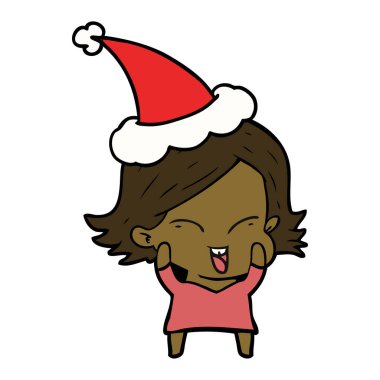 Noel Baba şapkası giyen bir kız mutlu çizgi çizme