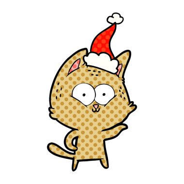 çizgi roman tarzı illüstrasyon Noel Baba şapkası giyen bir kedi el çekilmiş