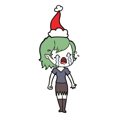 çizim için Noel Baba şapkası giyen ağlayan bir vampir kız el çekilmiş