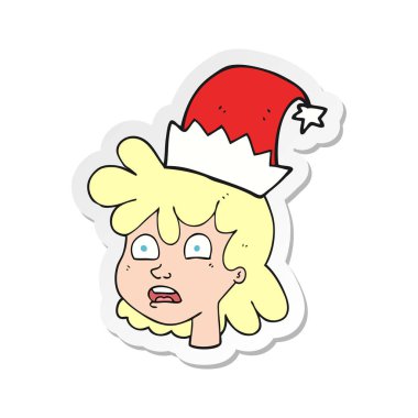Noel şapka giyen bir çizgi film kadın etiketi