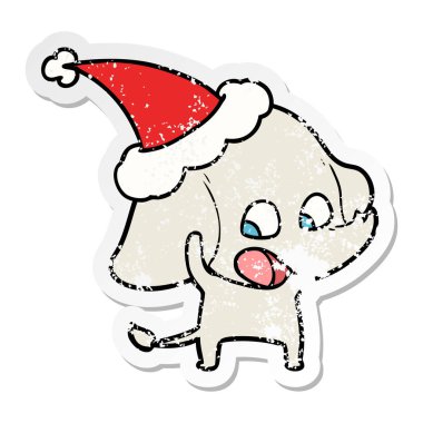 sıkıntılı etiket karikatür Noel Baba şapkası giyen bir filin şirin el çekilmiş