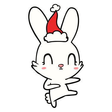 sevimli çizgi çizme giyen Noel Baba şapkası dans bir tavşan