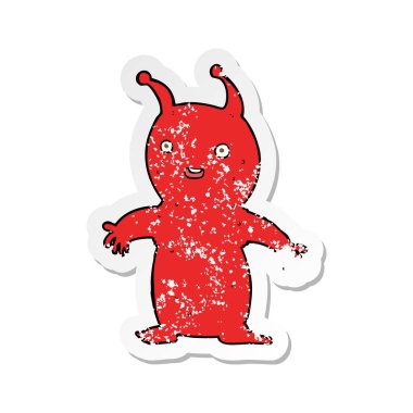 Retro sıkıntılı etiket bir karikatür mutlu küçük yabancı