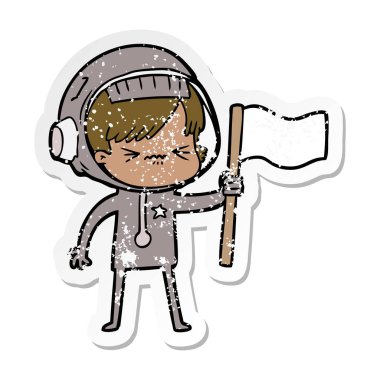 öfkeli bir karikatür uzay kız sallayarak bayrağı sallıyor