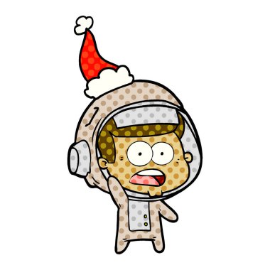 çizgi roman tarzı illüstrasyon santa şapka sürpriz bir astronotun el çekilmiş