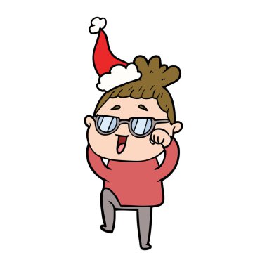 çizim için mutlu bir kadın santa s giyen gözlük takıyor