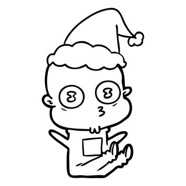 el çizim için Noel Baba şapkası giyen bir garip kel uzay adamı, çekilmiş